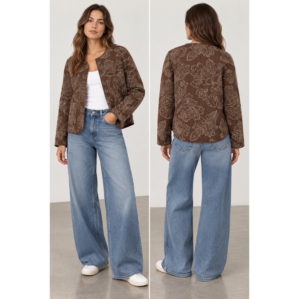 Zara Brown Embroidered Quilted Jacket Floral Bohemian Puffer Coat XS